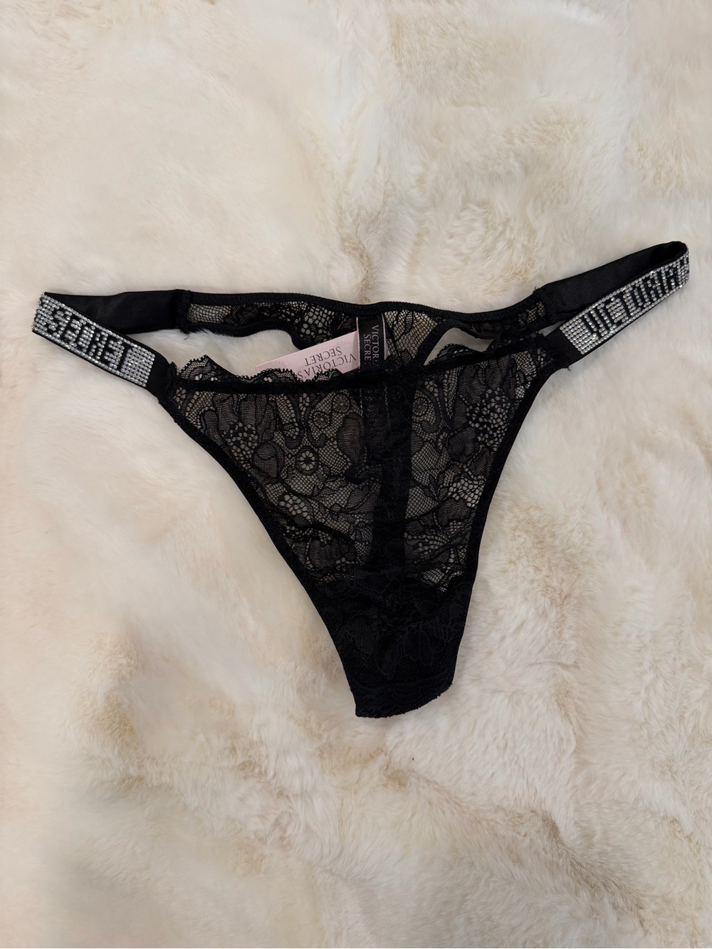 Victoria's Secret Black Lace Thong with Embellished shine straps